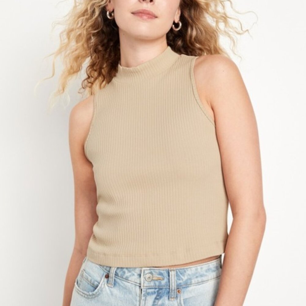 Old Navy Mock Neck Ribbed Knit Tank Top Sleeveless Tan Beige Size XL NEW